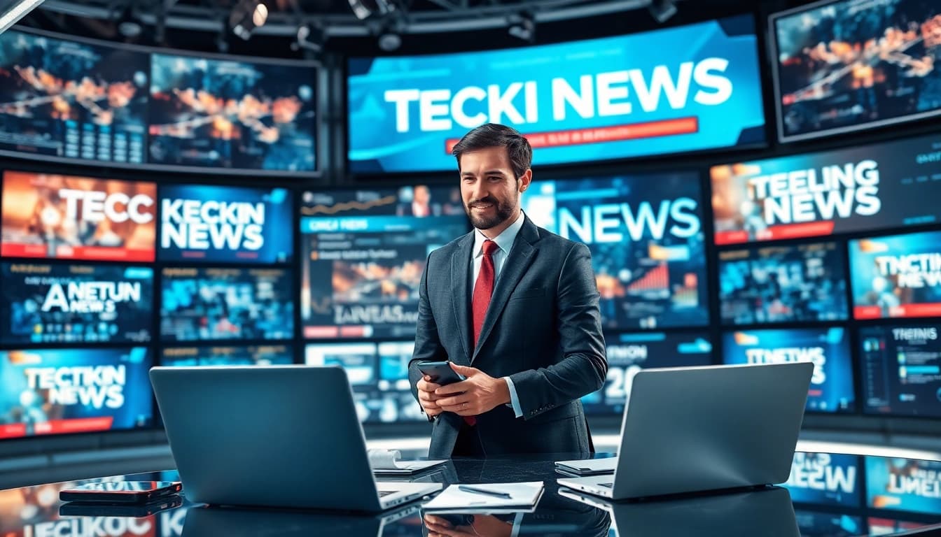 Technik News: Ein Reporter präsentiert spannende Technologie-Entwicklungen in einem modernen Nachrichtenstudio.