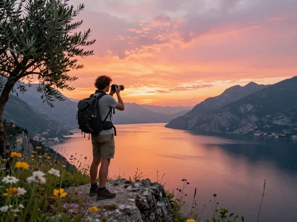 Genießen Sie Urlaub am Gardasee, ein Reisender fängt einen atemberaubenden Sonnenuntergang über den Gardasee von einer Klippe aus ein.