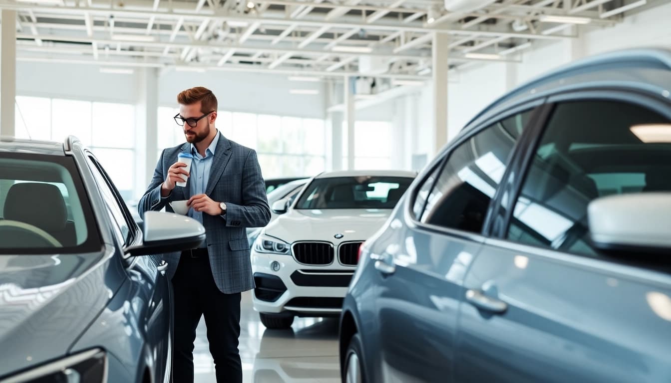 Auto kaufen: Käufer inspiziert modernes Fahrzeug in stilvollem Showroom.