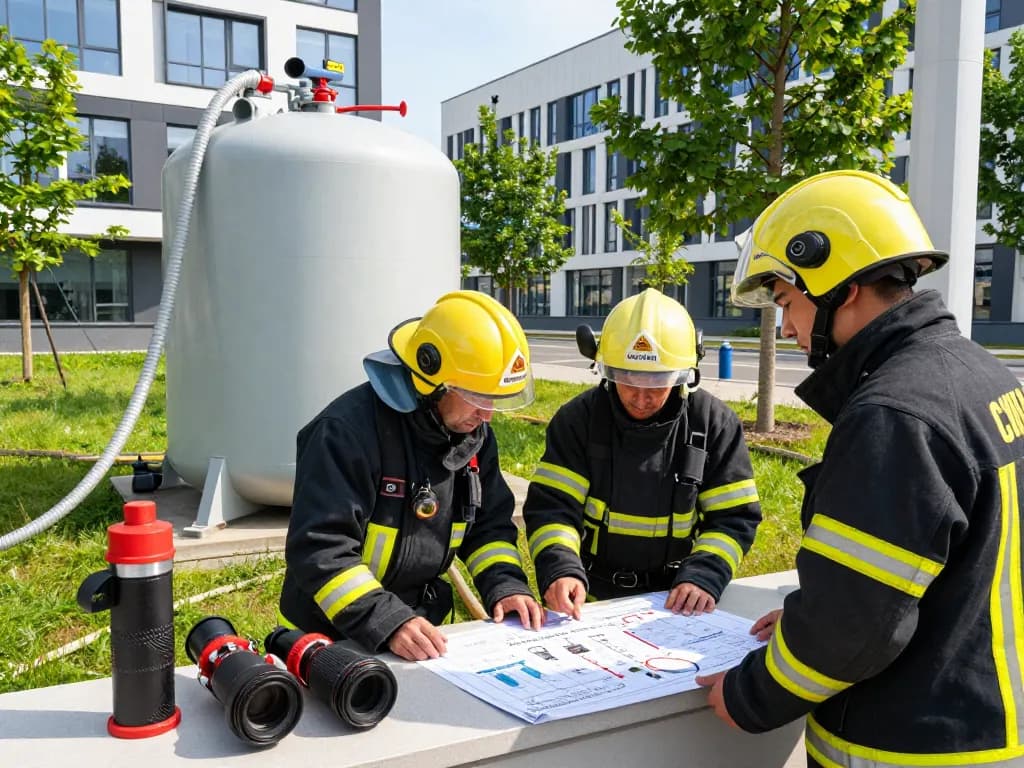 Notfallreaktionsteam inspiziert Löschwasser für Gewerbepark-Lösungen, präsentiert tragbare Wassertanks und Brandschutzgeräte.
