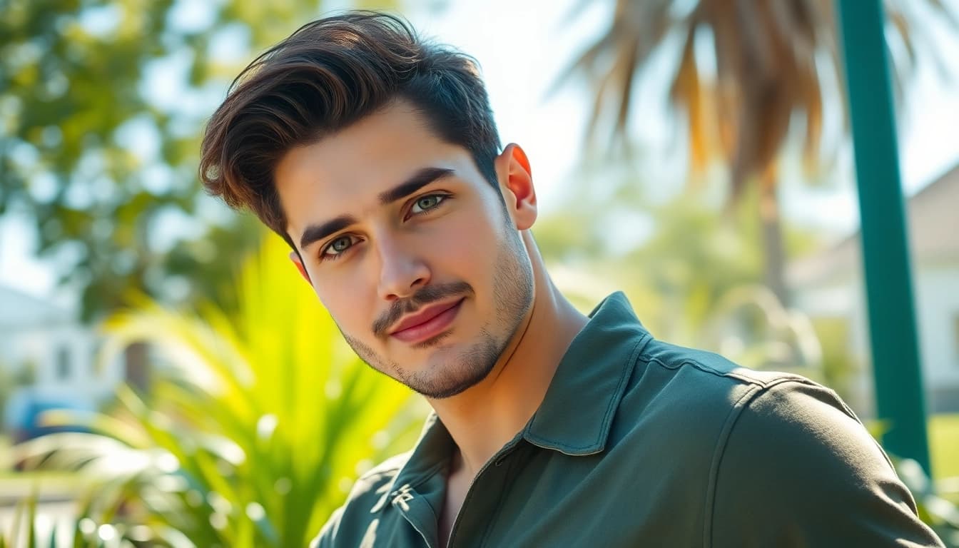 Tinder bilder präsentieren einen attraktiven Mann in natürlicher Umgebung.
