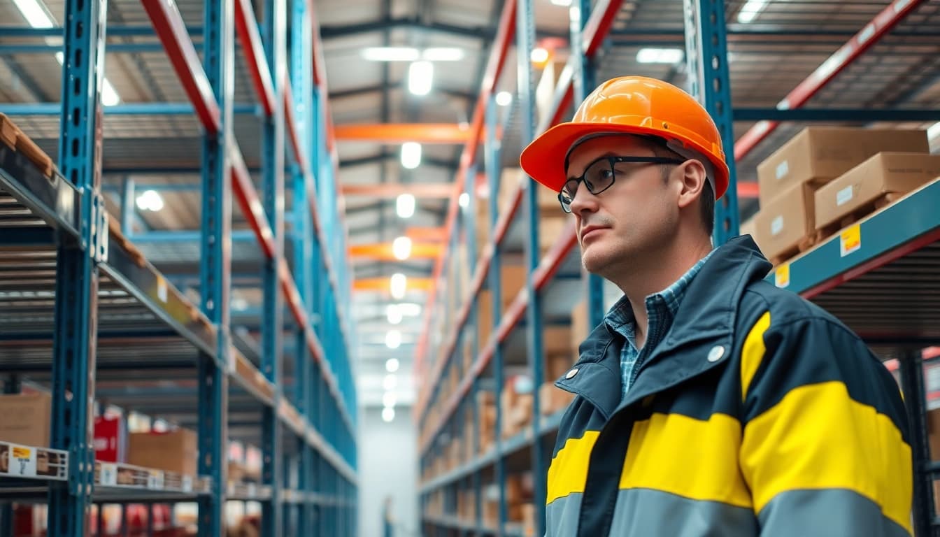Regalinspektion durch einen Experten zur Gewährleistung der Sicherheit und Funktionsfähigkeit von Regalanlagen.