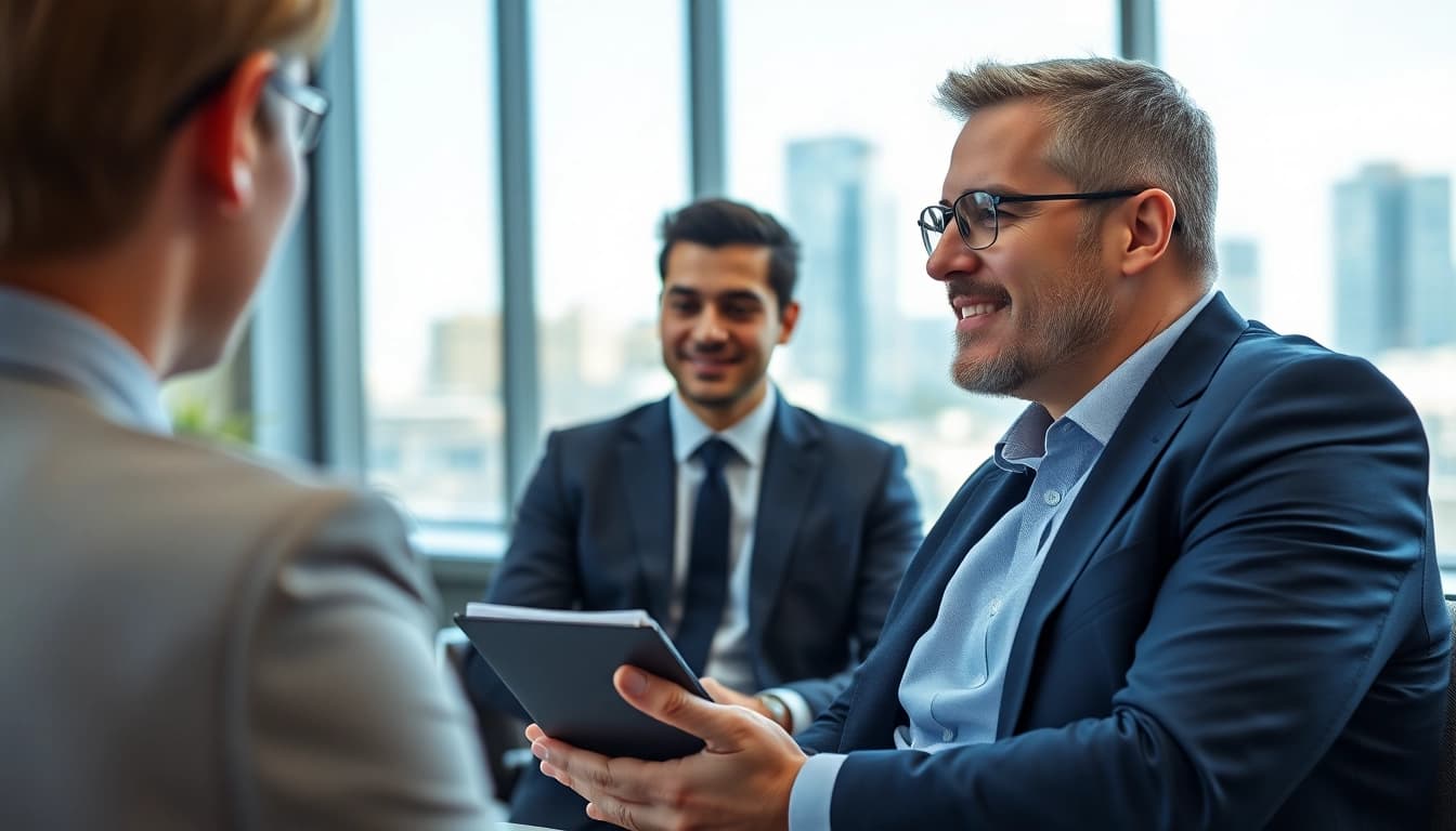 Headhunter Schweiz führt ein Vorstellungsgespräch im modernen Büro mit Fokus auf den Kandidaten.