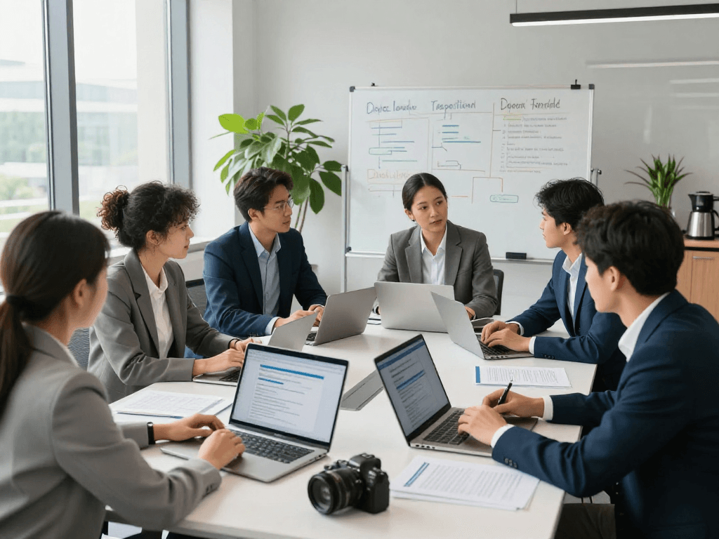 Branchenlösungen – Übersicht: Teammeeting zur digitalen Barrierefreiheit und Datenschutzstrategien in modernem Büro