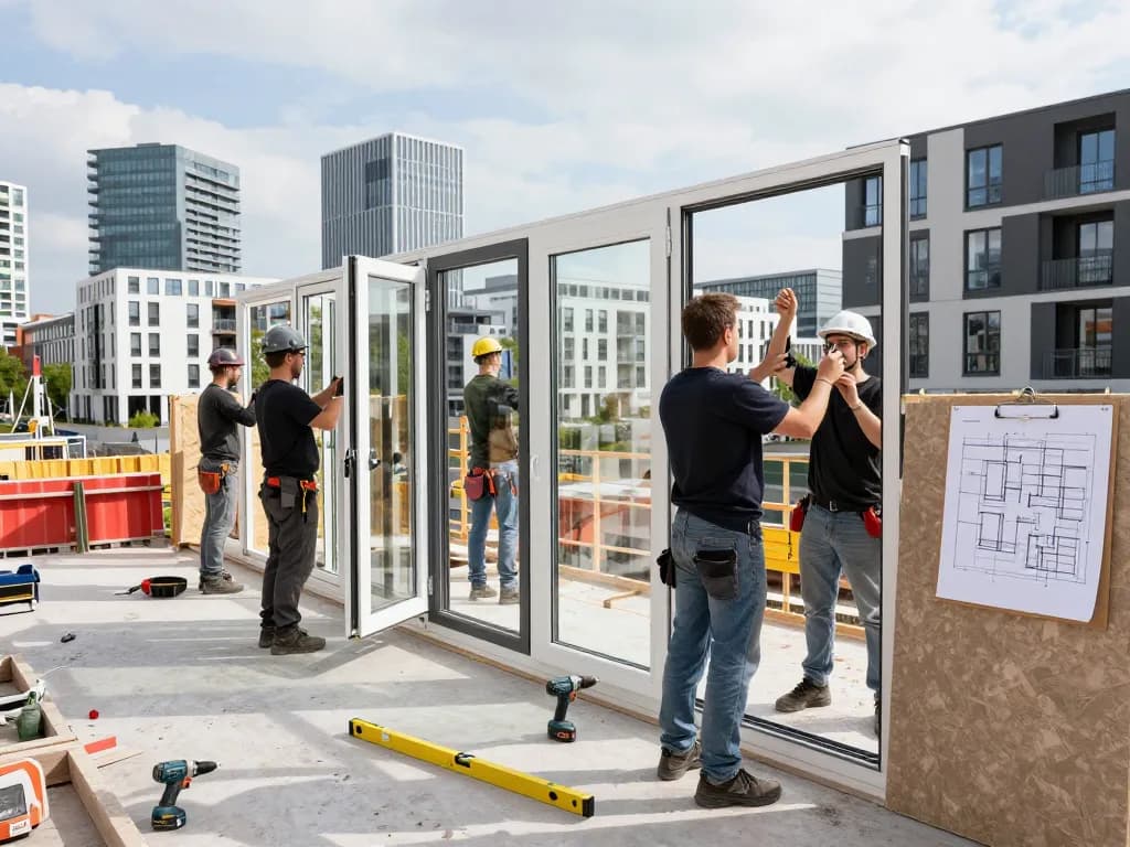 Experte für Fensterinstallation auf der Baustelle Fensterbau Düsseldorf, der fachkundige Arbeiter und moderne Architektur zeigt.