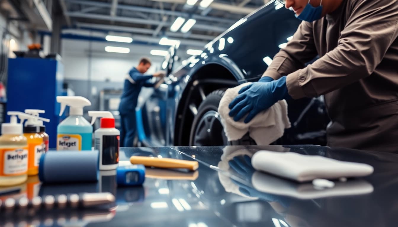 Fahrzeugaufbereitung in einer professionellen Werkstatt mit einem Mechaniker, der ein Luxusfahrzeug poliert.