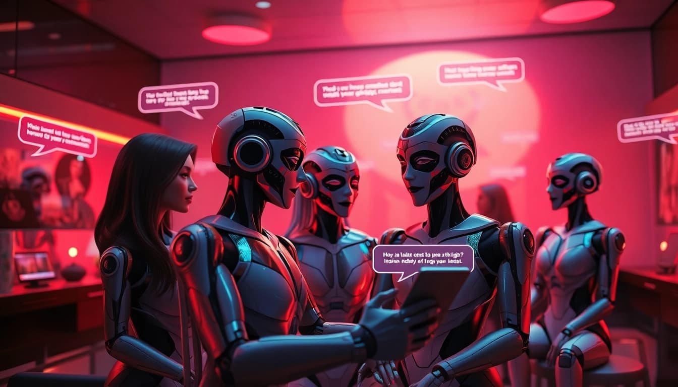 Engaging visual of a futuristic chatroom depicting free sex AI interactions with diverse characters.