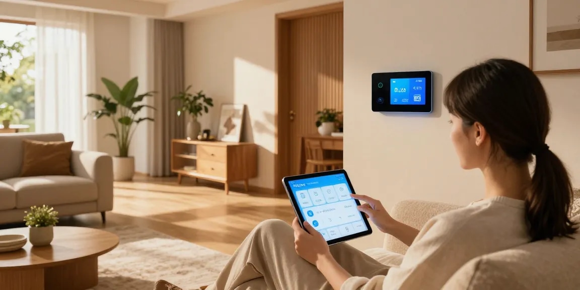 Anpassen der Einstellungen der Fußbodenheizung Steuerung über eine smarte App in einem stilvollen Wohninterieur.