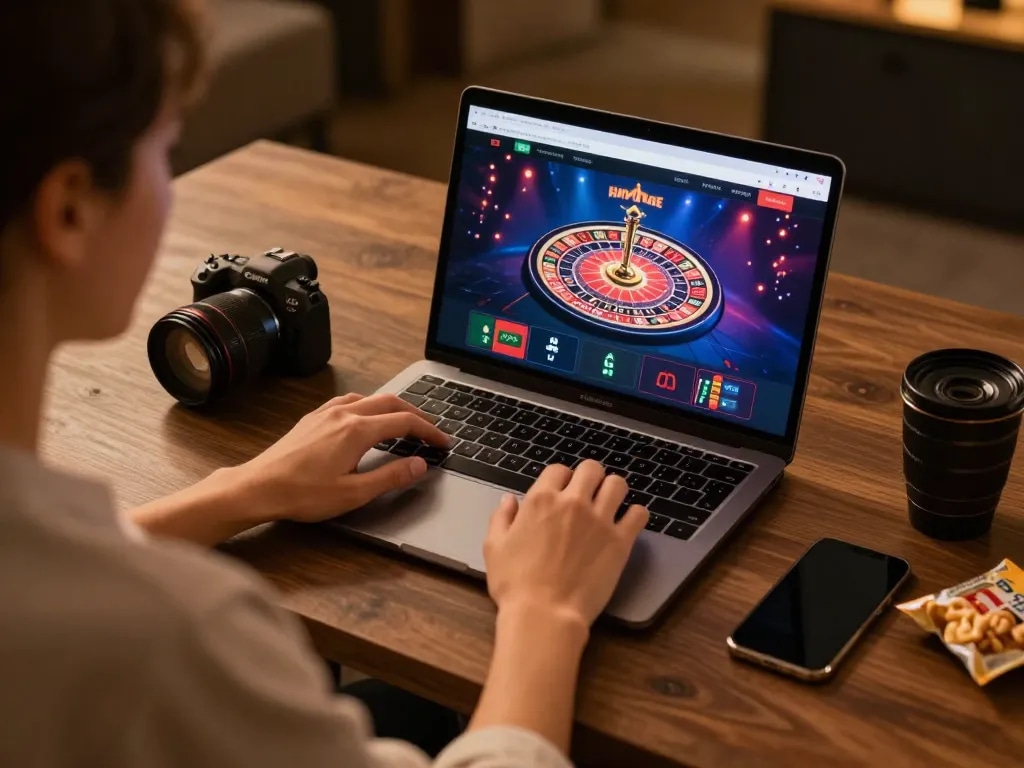 Engaged player enjoying alo8 com roulette game on laptop in cozy atmosphere.
