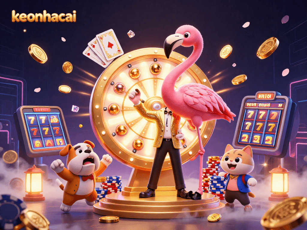 Spin the golden prize wheel at keonhacai casino, surrounded by vibrant gaming elements.