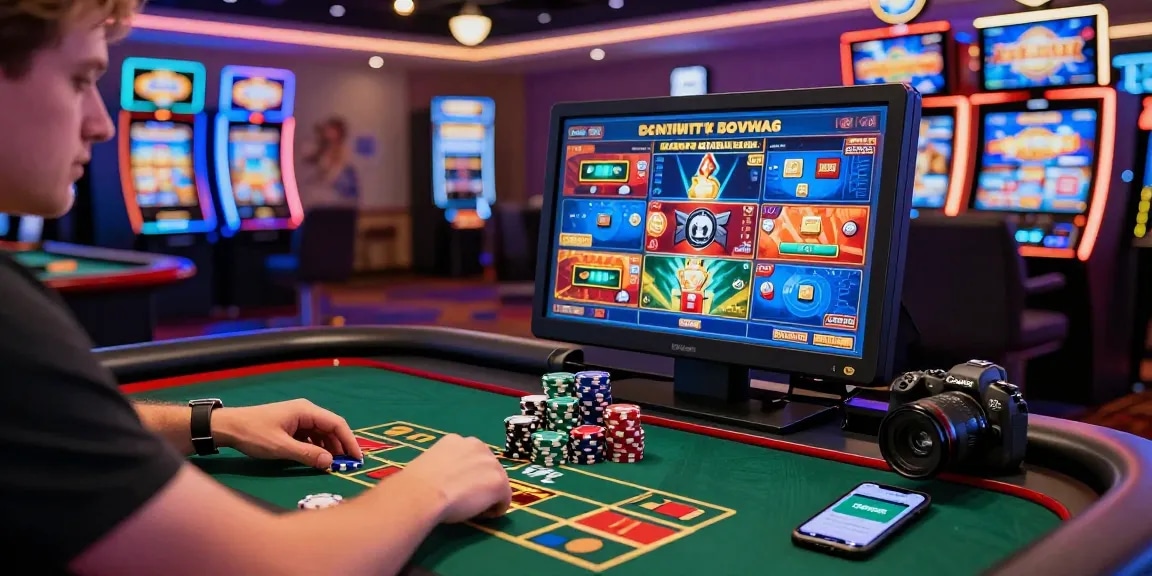 Spieler, der verschiedene Spiele in einem lebhaften Paysafe Card Casino genießt, mit Chips, Smartphone-App und Casino-Atmosphäre.