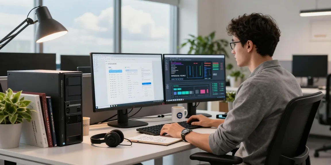Windows Server 2025 Zugriffslizenzen bestellen in einem modernem Büro mit IT-Administrator, der an dualen Monitoren arbeitet.