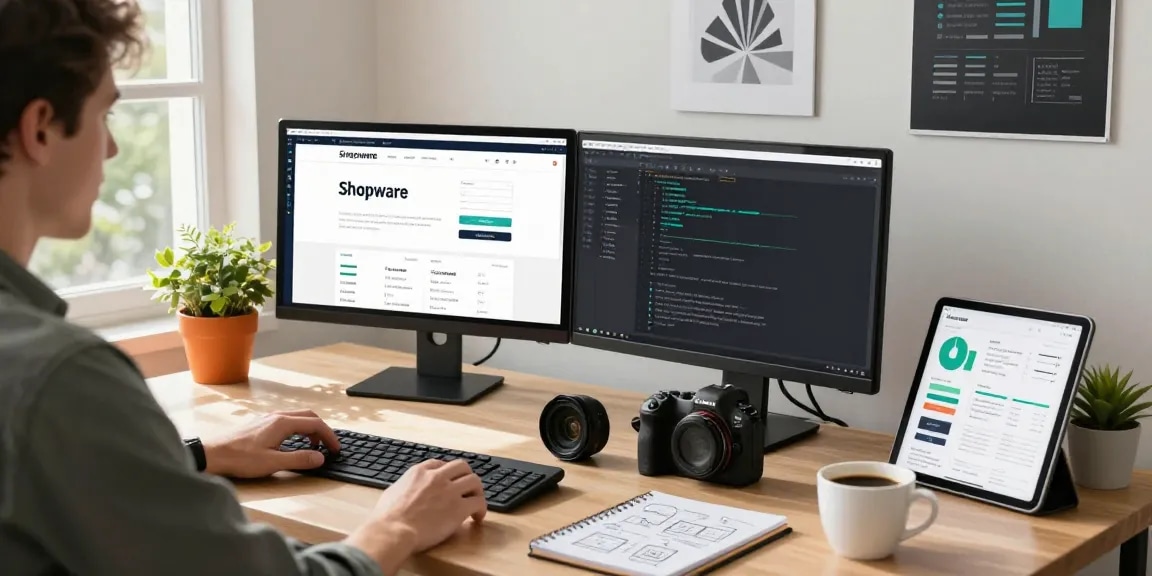 Shopware-Freelancer arbeitet in modernem E-Commerce-Arbeitsbereich mit Laptop, Monitoren und Projektnotizen.