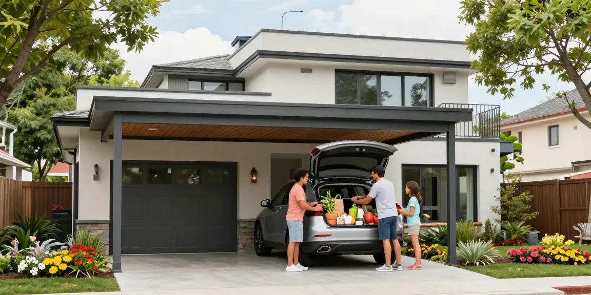 Ein schöner Carport schützt Fahrzeuge vor Wetterbedingungen und bietet Platz für eine Familie, die Einkäufe im Freien organisiert.