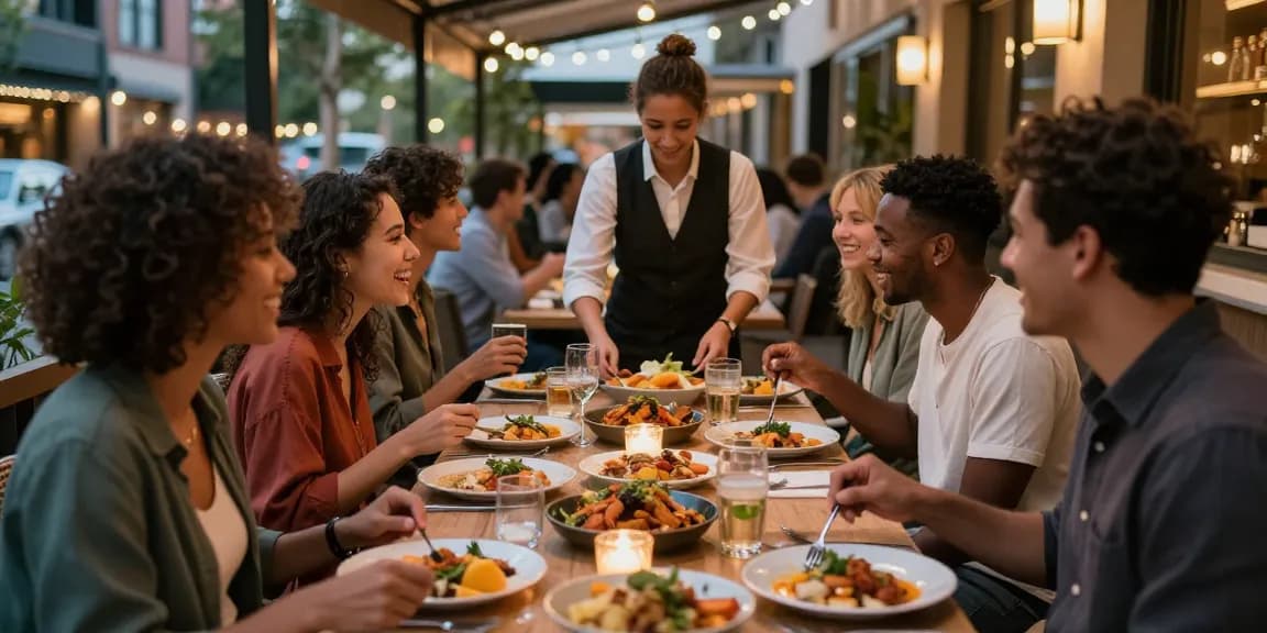 Diverse friends enjoying a meal at River City Restaurant with ROKOK88 login displayed on mobile.