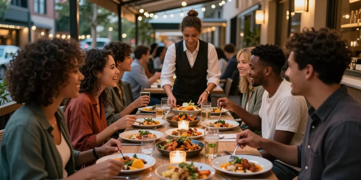 Diverse friends enjoying a meal at River City Restaurant with ROKOK88 login displayed on mobile.