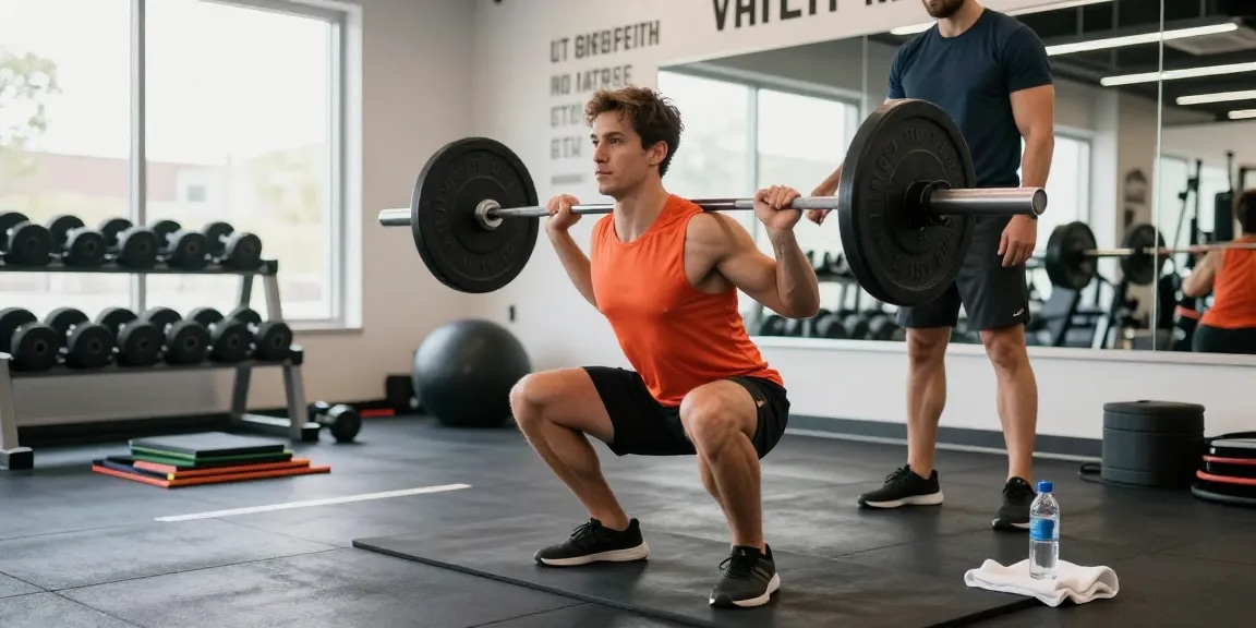 Anabolika Shop im Fitnessstudio mit Sportler, der mit Langhantel trainiert, umgeben von Geräten und motivierenden Zitaten.