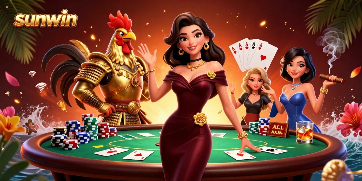Engage in thrilling poker action at sunwin's vibrant casino scene featuring glamorous characters.