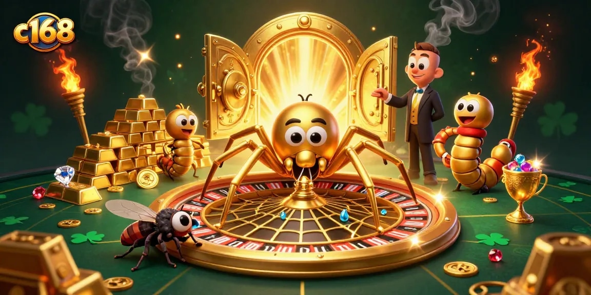 Place bets at C168's exciting gaming scene featuring a golden roulette wheel.
