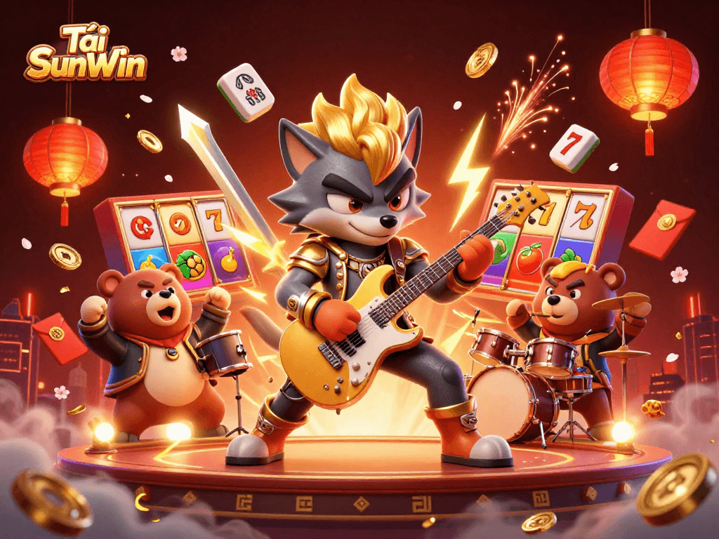 Tải SunWin showcases a wolf rock star and drummer bear creating excitement on a vibrant casino stage.
