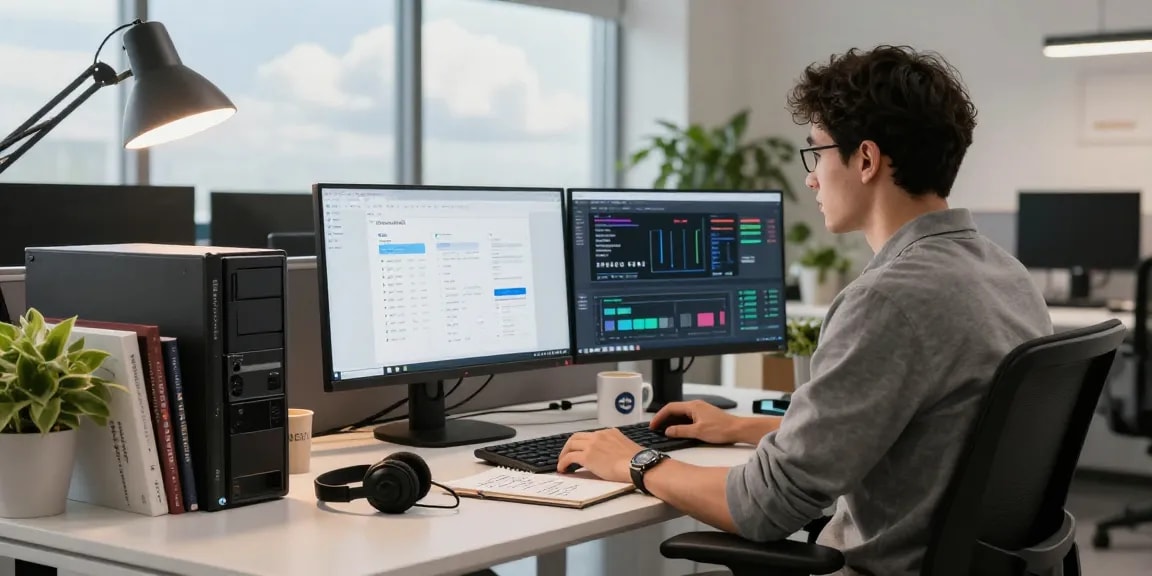 Windows Server 2025 Zugriffslizenzen bestellen in einem modernem Büro mit IT-Administrator, der an dualen Monitoren arbeitet.