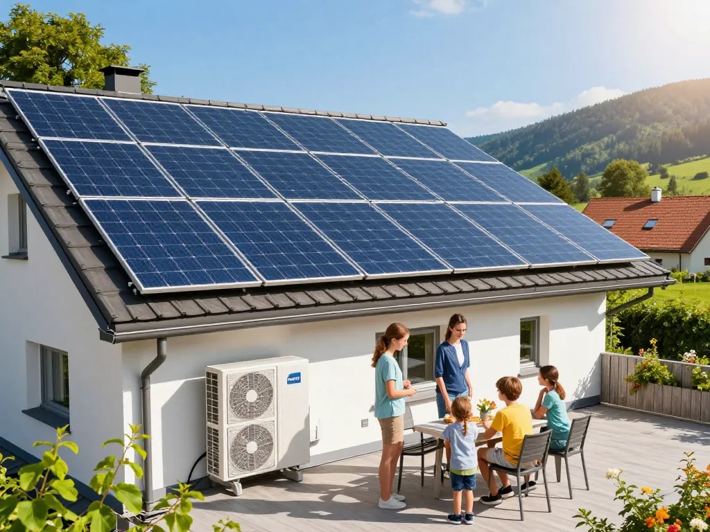 Photovoltaik Bayern Dachszene mit Familie, die die Einsparungen durch Solarenergie genießt.