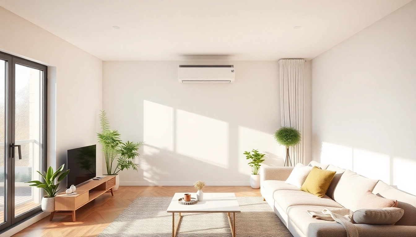 Klima kaufen: Schicke Klimaanlage perfekt integriert in modernes Wohnambiente mit sanfter Beleuchtung.