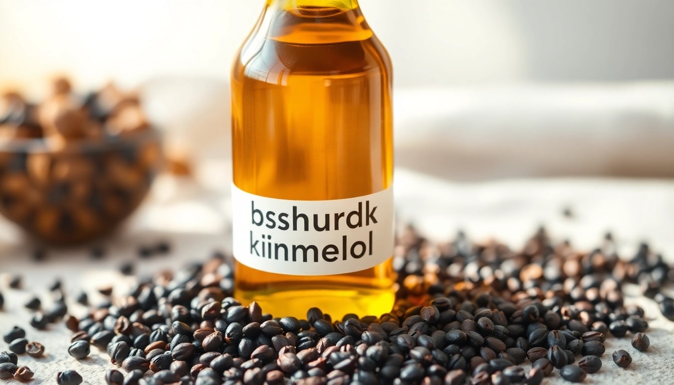 Schwarzkümmelöl flasche umgeben von frischen Schwarzkümmelsamen auf natürlichem Hintergrund.