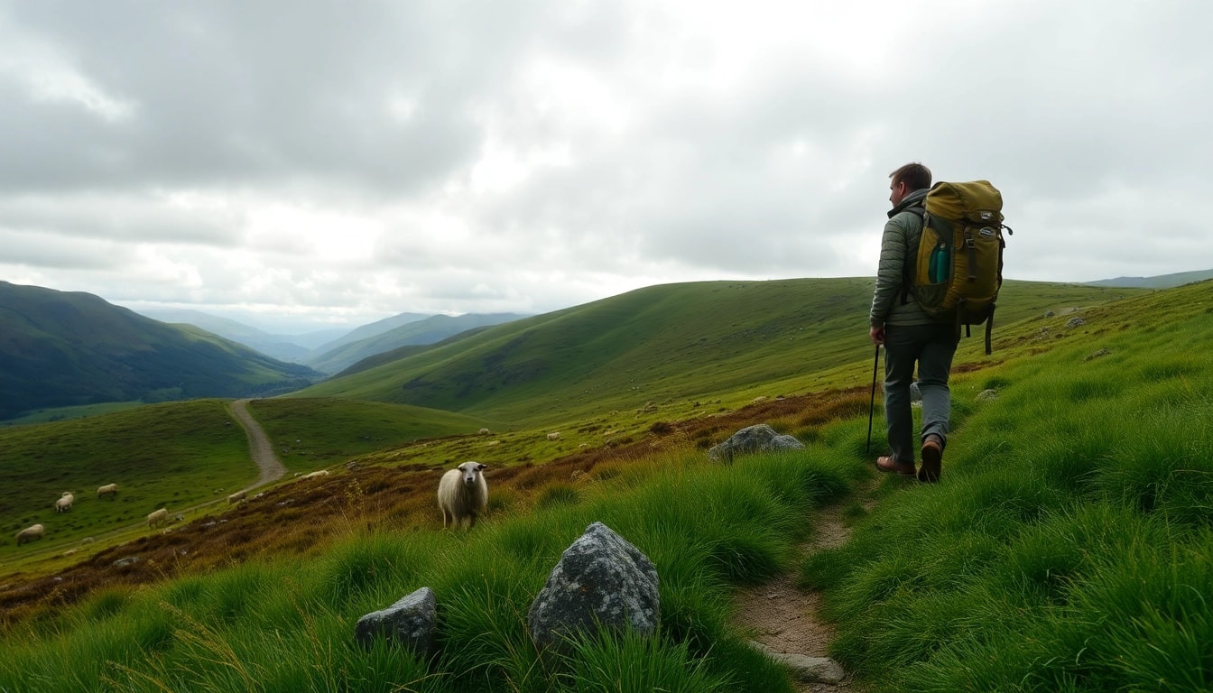 Wandern in Irland auf einem malerischen Pfad durch grüne Hügel und eine dramatische Landschaft.