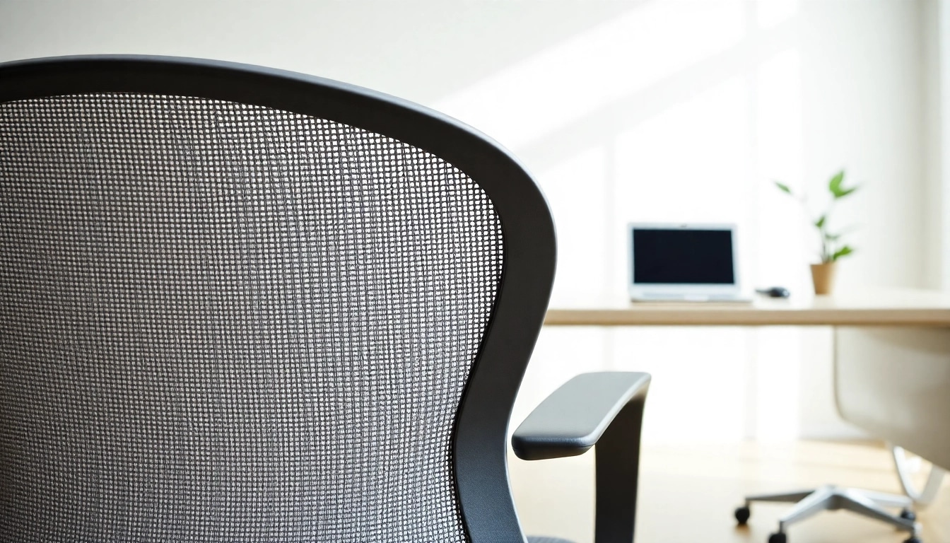 Ergonomisch gestalteter Herman Miller Aeron Stuhl vor einem modernen Schreibtisch in einem Büro.