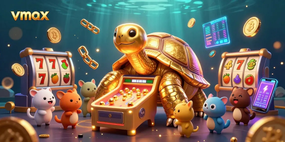 Win big with vmax at the vibrant casino pinball scene featuring a colossal golden tortoise and slot game elements.