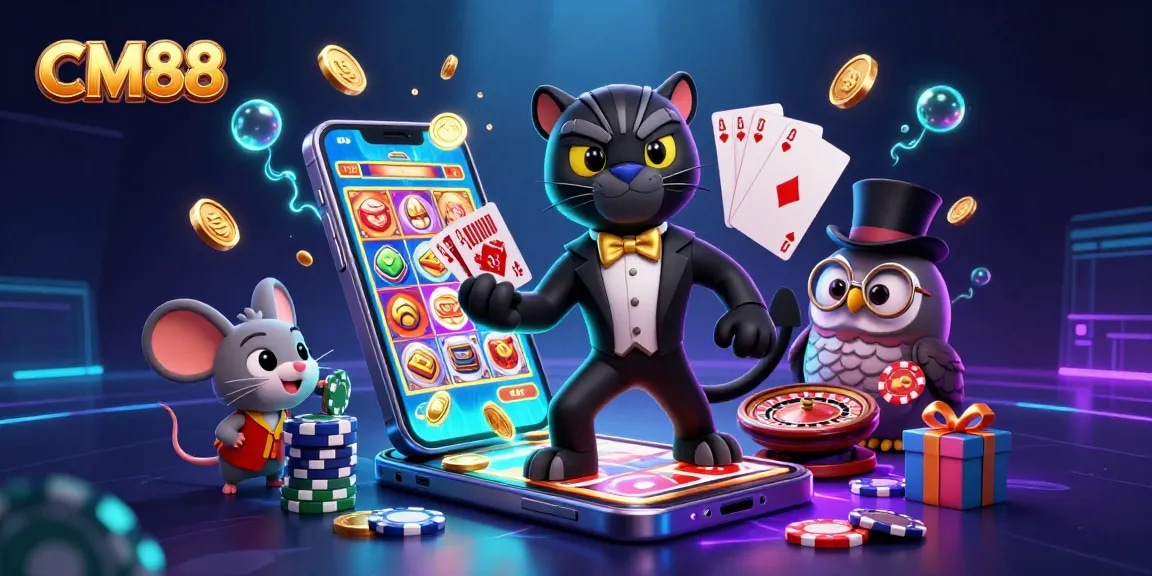 Engaging CM88 illustration highlighting casino excitement with characters and vibrant gaming elements.