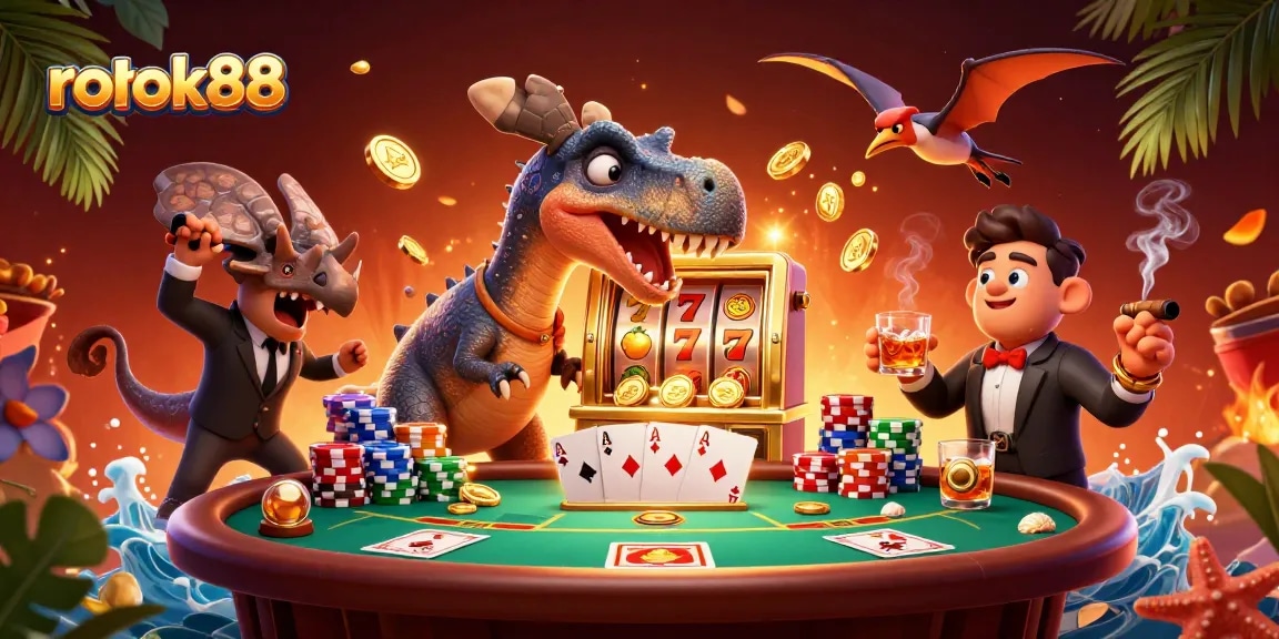 rokok88 showcases an exhilarating scene of cartoon dinosaurs and casino gear, capturing a thrilling jackpot moment.