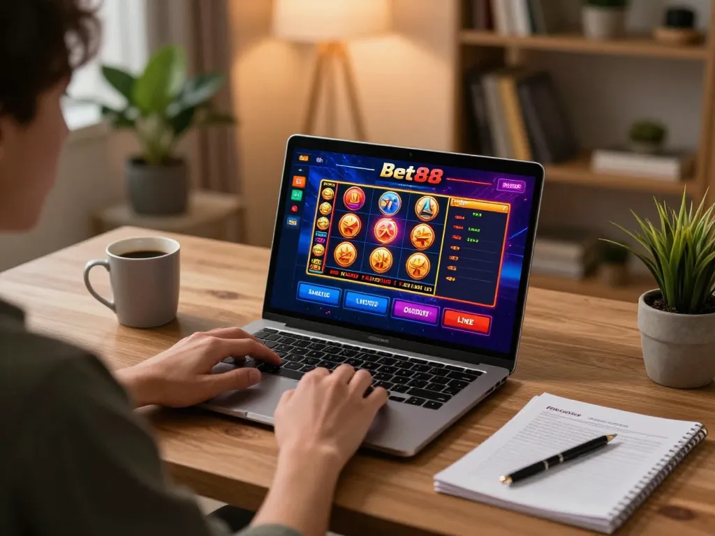 Engaged player exploring bet88 online casino games on laptop, showcasing vibrant gaming interface.