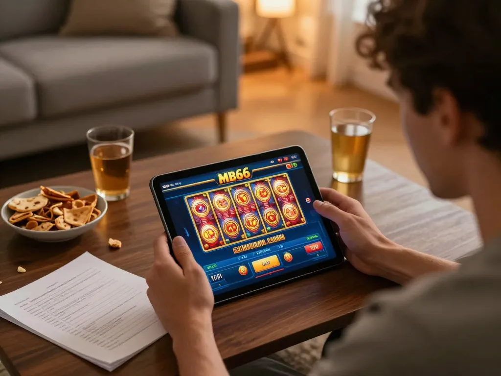 Player engaging with the MB66 casino app on a tablet in a cozy home setting, focusing on online gambling.