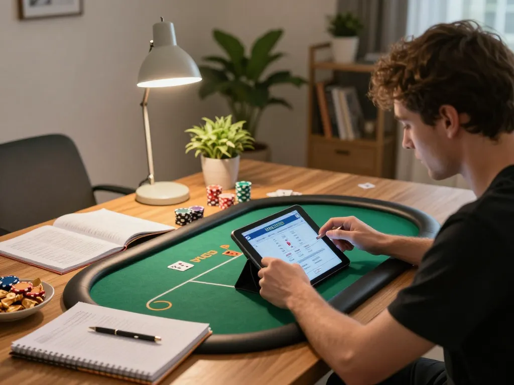 Player engaging in strategic poker game on tablet illustrating the thrilling experience at Man88.