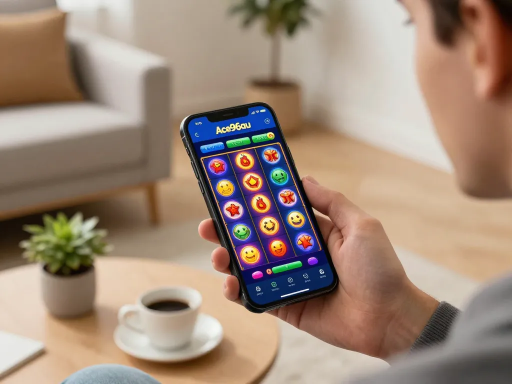 A player enjoying Ace96au mobile gaming with exciting slot reels spinning on their smartphone.