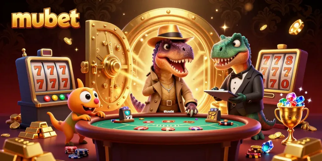 Experience the thrill of mubet as a velociraptor card counter and friends engage in a dynamic casino scene.
