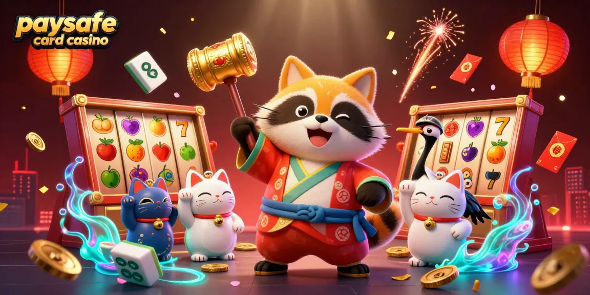 Fesselnde Szene eines Paysafe Card Casinos mit einem fröhlichen Tanuki, Kranichen und Glückskatze zwischen dynamischen Spielelementen.