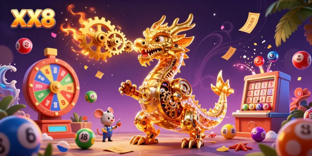 Experience the thrill of gambling at XX8 with an energetic 3D illustration showcasing a golden dragon and vibrant lottery elements.
