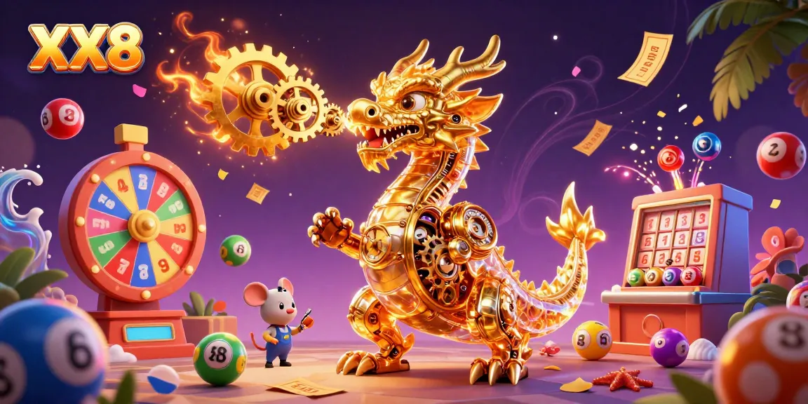 Experience the thrill of gambling at XX8 with an energetic 3D illustration showcasing a golden dragon and vibrant lottery elements.
