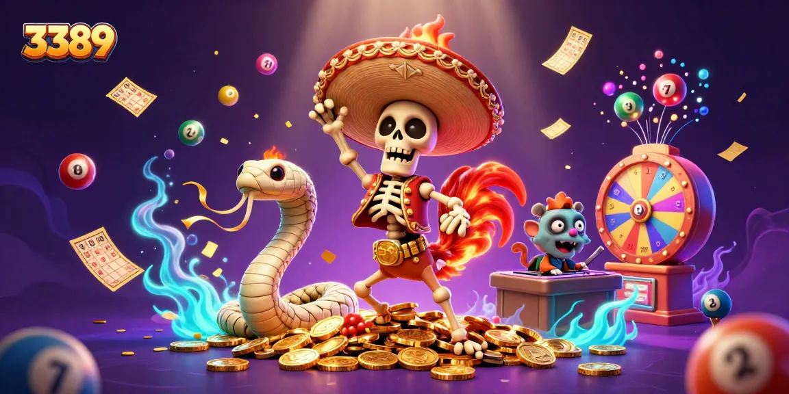 Experience the excitement of 3389 with a festive casino-themed illustration featuring dynamic characters and vibrant gambling elements.