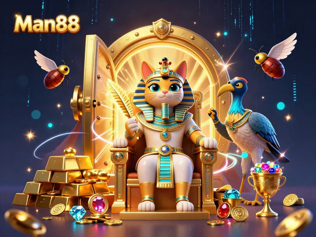 Experience the excitement at Man88 with vibrant characters and treasure-rich casino elements.