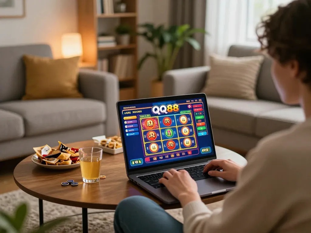 Player enjoying QQ88 slot games on a laptop while relaxing at home
