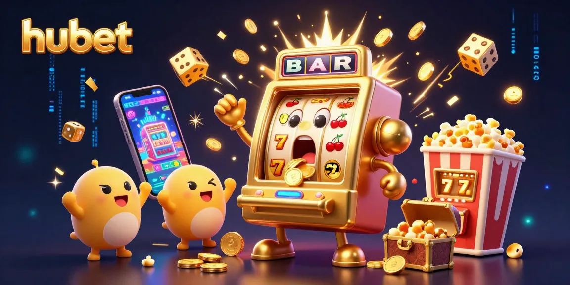 hubet celebrates with a cartoon slot machine winning a jackpot amidst a vibrant casino explosion