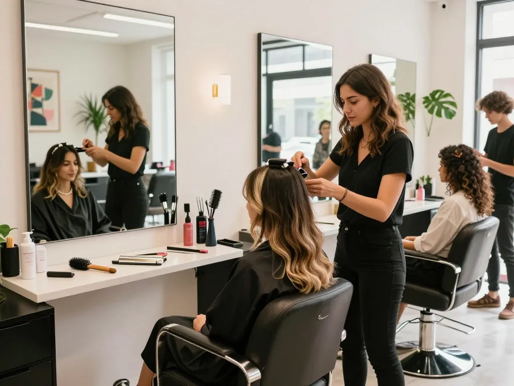 Experiencia transformadora de peluquería mujer con un estilista destacando el cabello en un vibrante ambiente de salón.