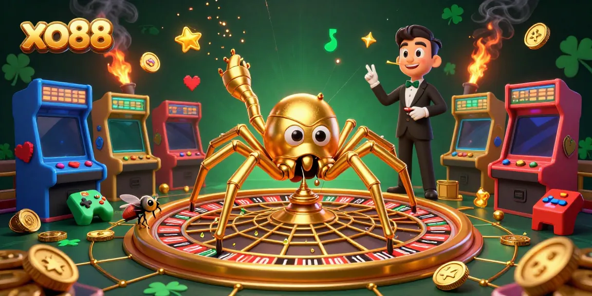 Experience the exciting world of gambling at xo88 with a vibrant 3D casino illustration filled with dynamic characters and game elements.