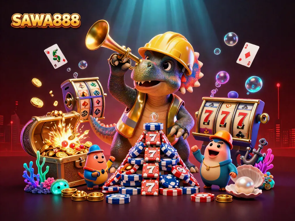 Experience thrilling gameplay with SAWA888 as a triceratops builds towering poker chips amidst underwater treasures.