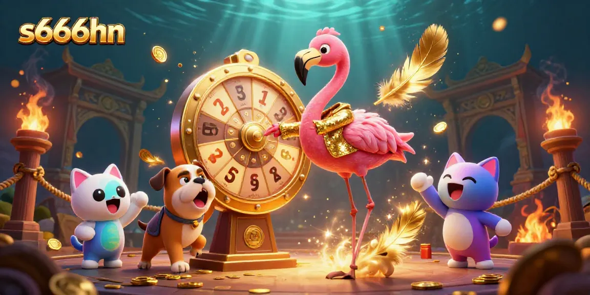 S666hn prize wheel scene with a game show host flamingo, bulldog contestant, and cat assistant in a vibrant casino.