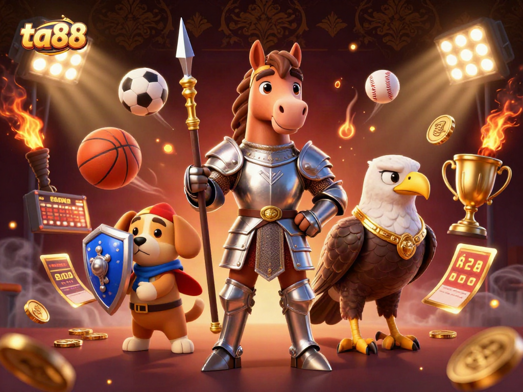 Experience the thrilling world of ta88 with a dynamic casino scene featuring medieval characters and sports elements.